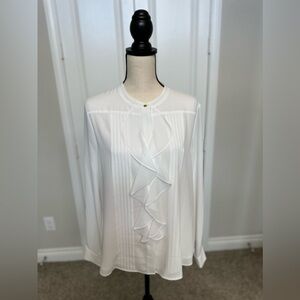 Calvin Klein Ruffle Button Up Long Sleeve White Blouse